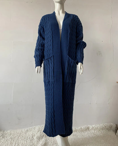 Women’s Long Knit Cardigan with Pockets – Vintage Full Sleeve Thick Autumn Winter Sweater Coat