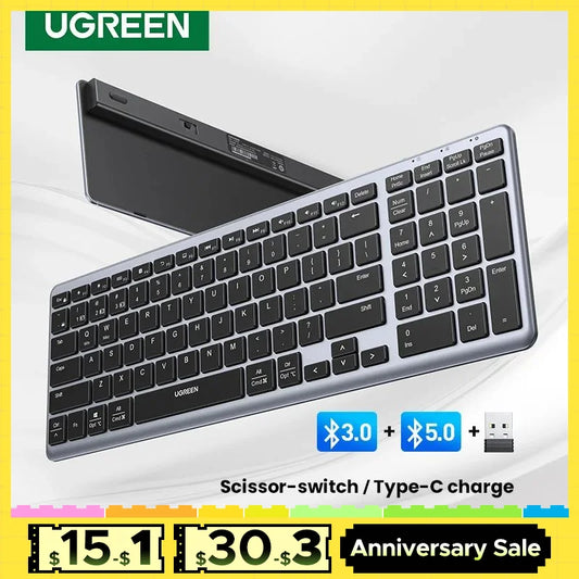 UGREEN Wireless Bluetooth 5.0 & 2.4G Keyboard – 99 Keycaps Russian/Korean/English, USB-C Rechargeable for MacBook, iPad, PC & Tablet