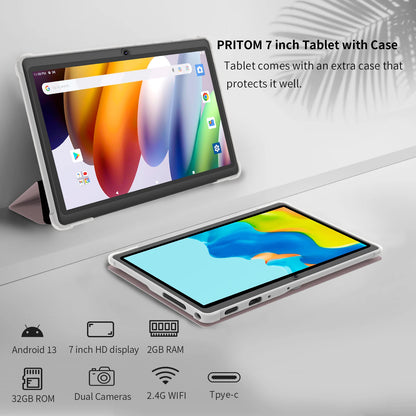 Pritom 7″ Android 13 Tablet PC — Quad-Core, 4GB RAM, 32GB Storage, WiFi, Dual Camera, USB-C with Leather Case