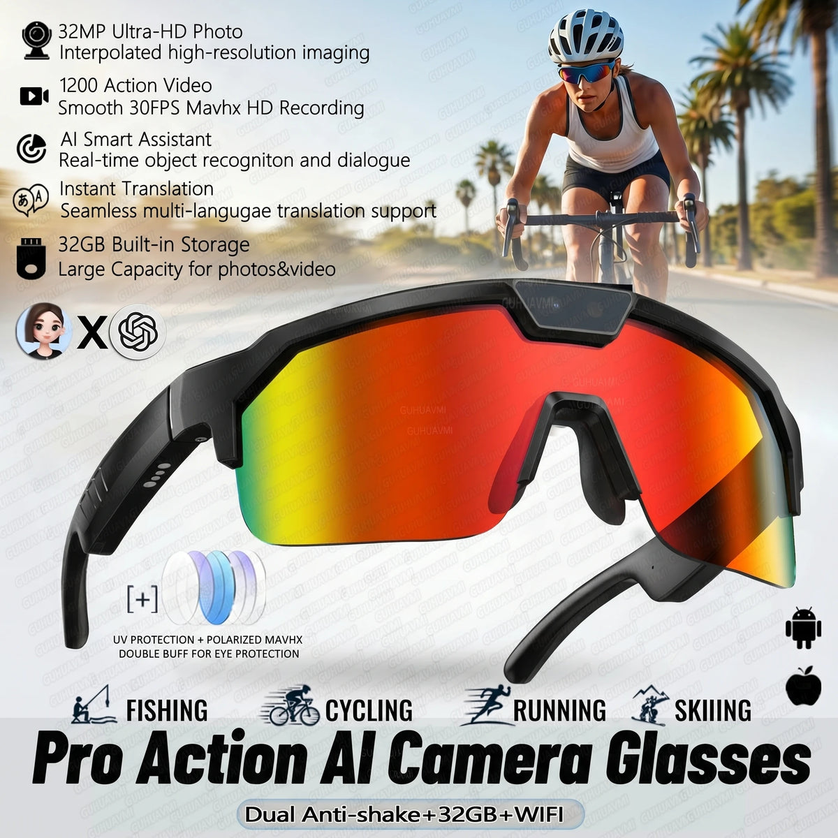 AI Smart Sports Camera Glasses - HD Anti-Shake Recording Sunglasses for Cycling, Riding & Outdoor Activities