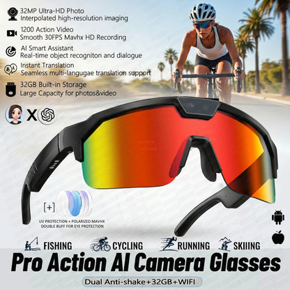 AI Smart Sports Camera Glasses - HD Anti-Shake Recording Sunglasses for Cycling, Riding & Outdoor Activities