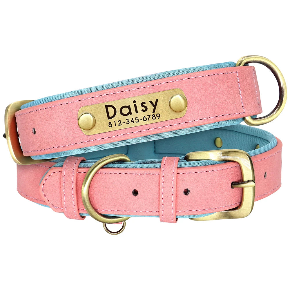 Customized Leather Dog Collar & Leash Set – Soft Padded Adjustable Collar for Small, Medium & Large Dogs with Engraved Nameplate