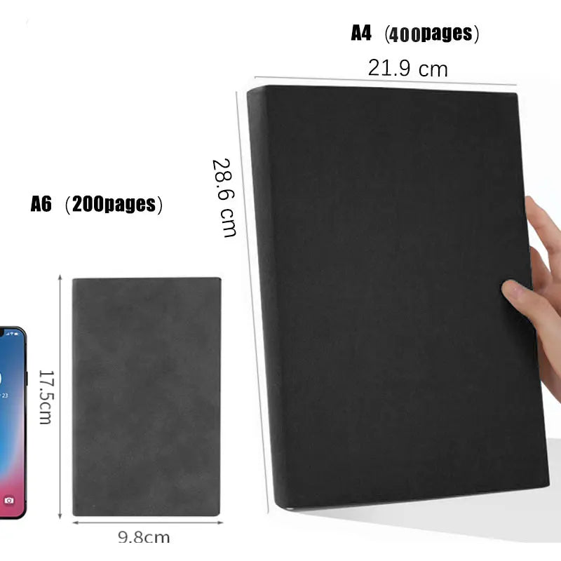 A4/A6 Thickened Leather Notebook – Soft Cover Diary Notepad with Horizontal Lines or Blank Pages, 200/416 Pages