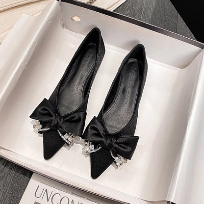 Women’s Luxury Rhinestone Bow Flats – Pointed Toe Champagne Silk Ballet Shoes, Big Size 41-43, Elegant Wedding Footwear