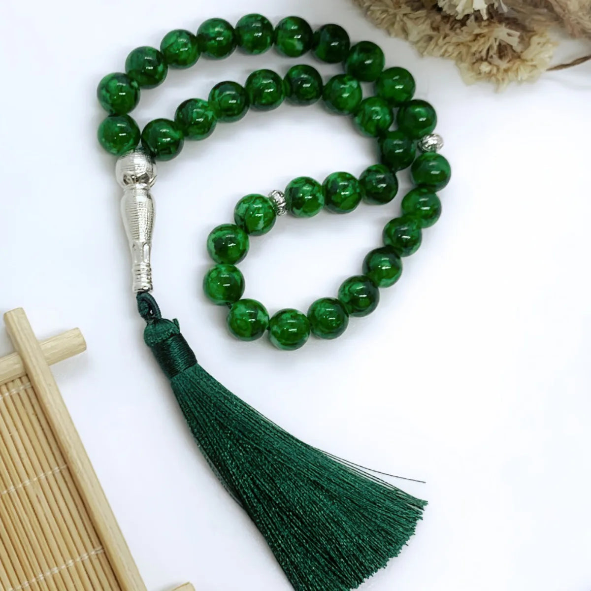 10mm Green Malachite Rosary Bracelet – 33 Beads Islamic Muslim Tasbih Prayer Beads with Tassel Pendant for Men & Women Spiritual Jewelry