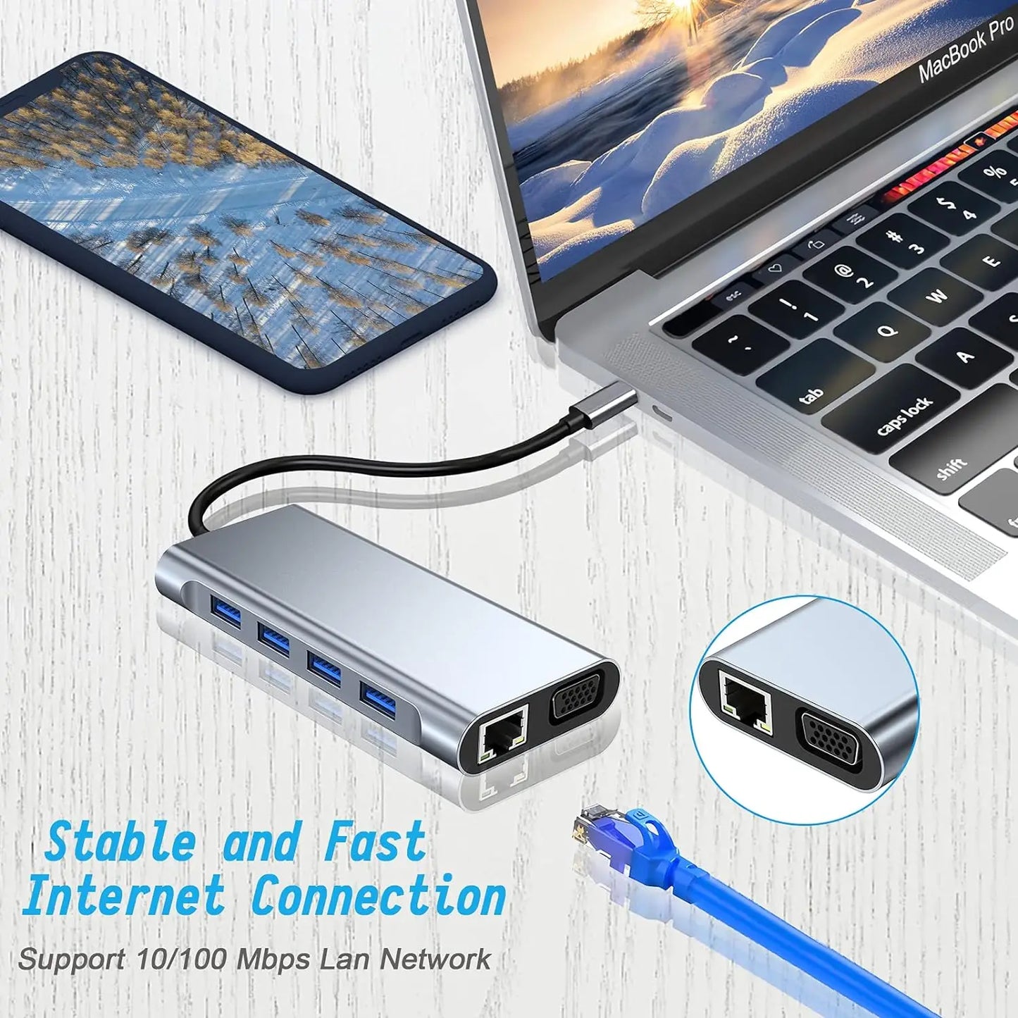 USB C Hub Adapter – 4K HDMI, VGA, PD, RJ45, SD/TF Card Reader for MacBook Pro/Air M1 & iPad