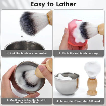 Men's Shaving Brush and Bowl Set - 3-in-1 Shaving Kit with Wood Handle Brush - Stainless Steel Shaving Bowl & Brush Stand