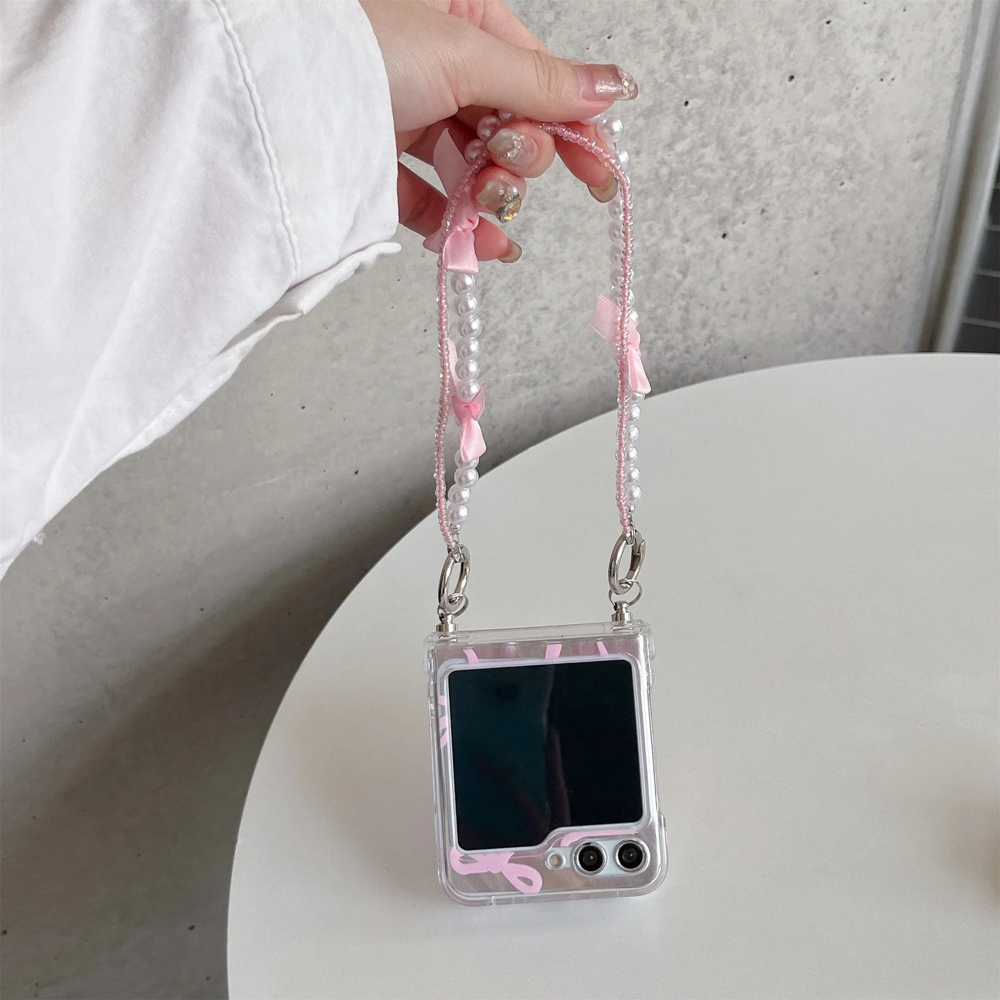 Pink Feathery Bow Folding Case with Chain for Samsung Galaxy Z Flip 3/4/5/6 – Cute Stylish Phone Cover