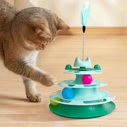 Interactive Cat Toy Tower - Kitten Turntable Track Roller Balls & Feather Training Toy