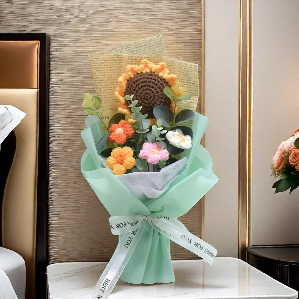 Efun Handmade Crochet Flower Bouquet — Sunflower & Daisy Arrangement for Valentine’s, Wedding, Anniversary, Mother’s Day & Birthday Gift