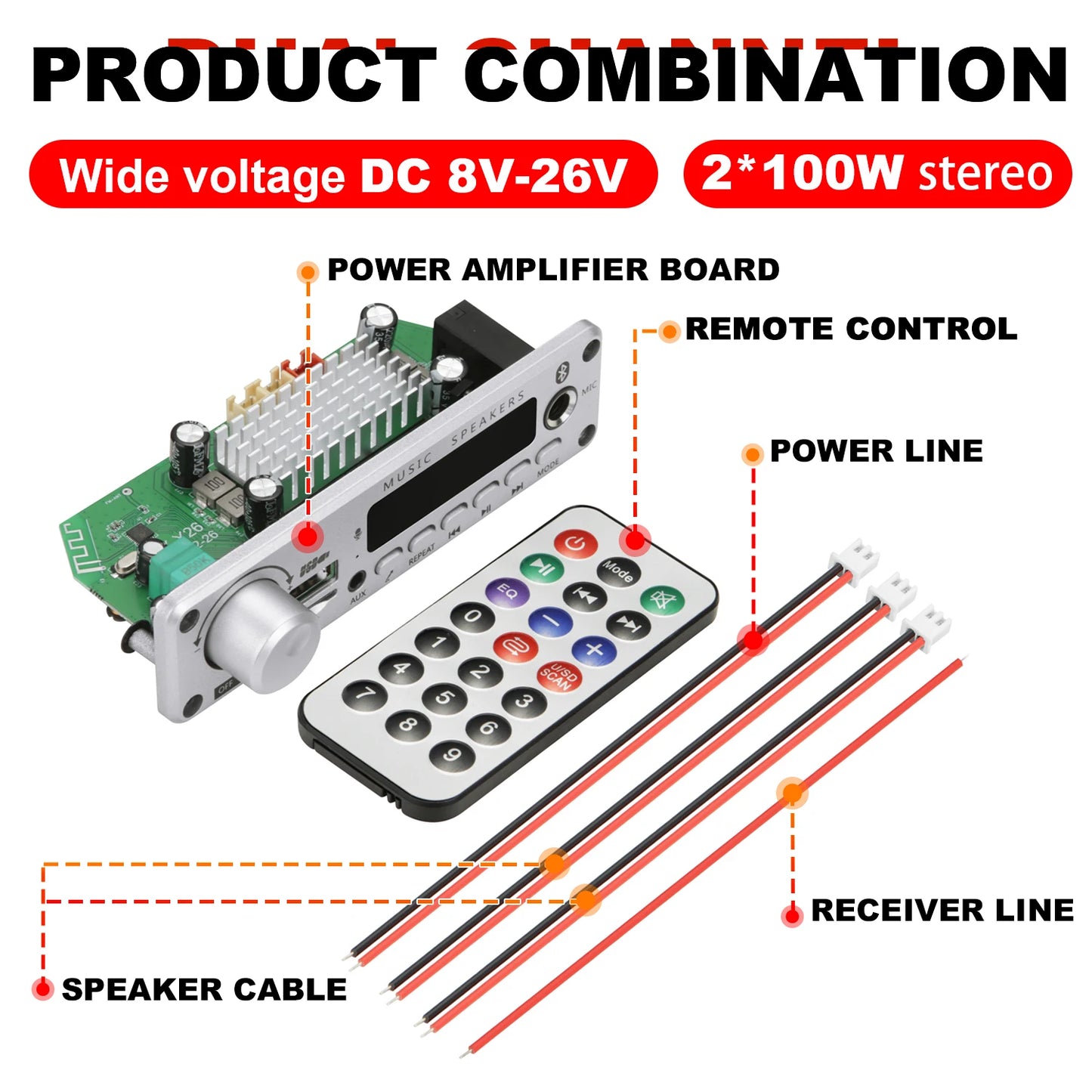 200W Bluetooth Amplifier Board - DIY MP3 WAV Decoder with USB, TF Card, FM Radio & Microphone, DC 12V
