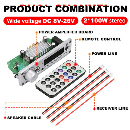 200W Bluetooth Amplifier Board - DIY MP3 WAV Decoder with USB, TF Card, FM Radio & Microphone, DC 12V