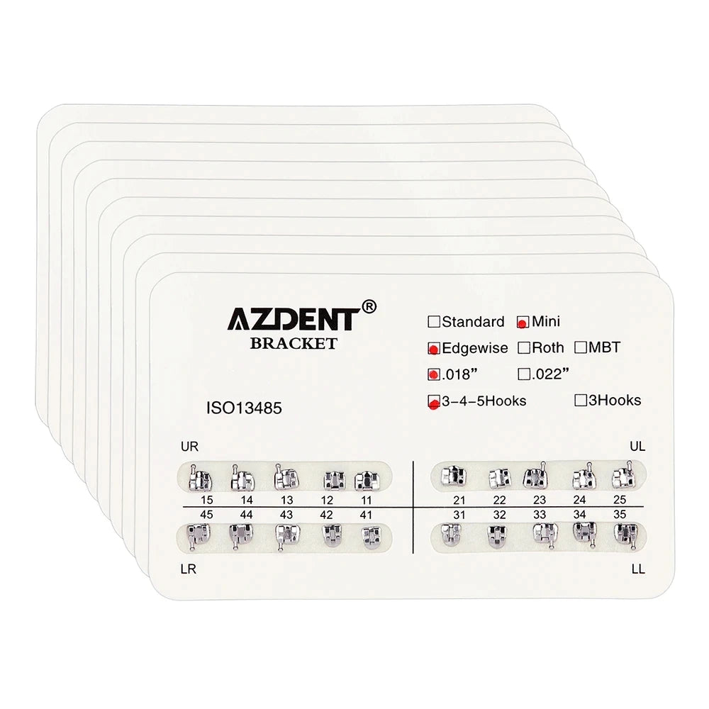 AZDENT 10 Packs Dental Brackets – Orthodontic Metal Mini Standard Roth MBT Slot 0.022/0.018 with Hooks, 20 Pcs per Pack