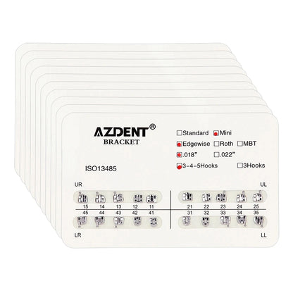 AZDENT 10 Packs Dental Brackets – Orthodontic Metal Mini Standard Roth MBT Slot 0.022/0.018 with Hooks, 20 Pcs per Pack