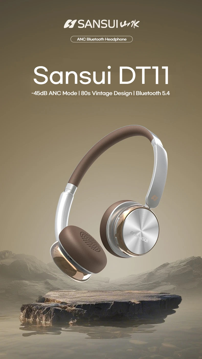Sansui DT11 ANC Wireless Bluetooth 5.4 Headphones – Over-Ear Retro Earphones with 45dB Noise Reduction & 50H Playtime