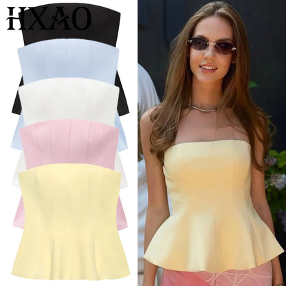 HXAO Women’s Summer 2025 Corset Tube Top – Ruffled Bustier Vest, Sleeveless Backless Tank in White, Pink, Blue, Yellow & Black