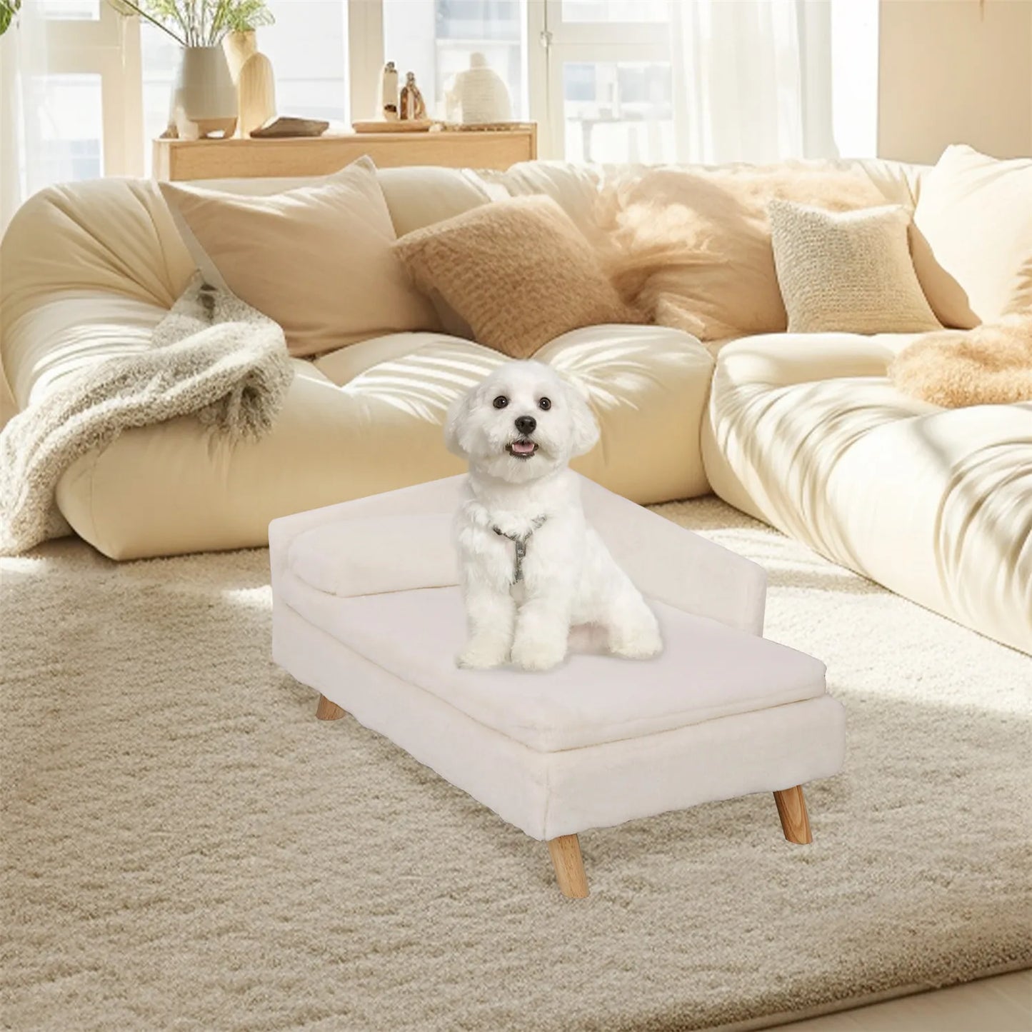 Elevated Pet Bed — Nordic Style Stool Bed with Cozy Waterproof Pad & Wooden Legs for Small Dogs & Kittens