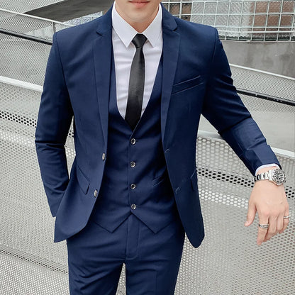 Men’s Business Suit Set — Blazer, Vest & Pants, Slim Fit Solid Color Wedding & Formal Dress Suit, Plus Size