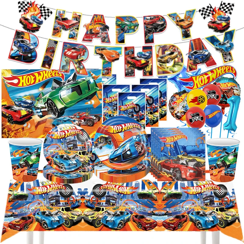 Kids Birthday Party Decoration Kit – Paper Tableware Set with Balloons, Plates, Cups & Tablecloth for Boys Baby Shower Party Supplies