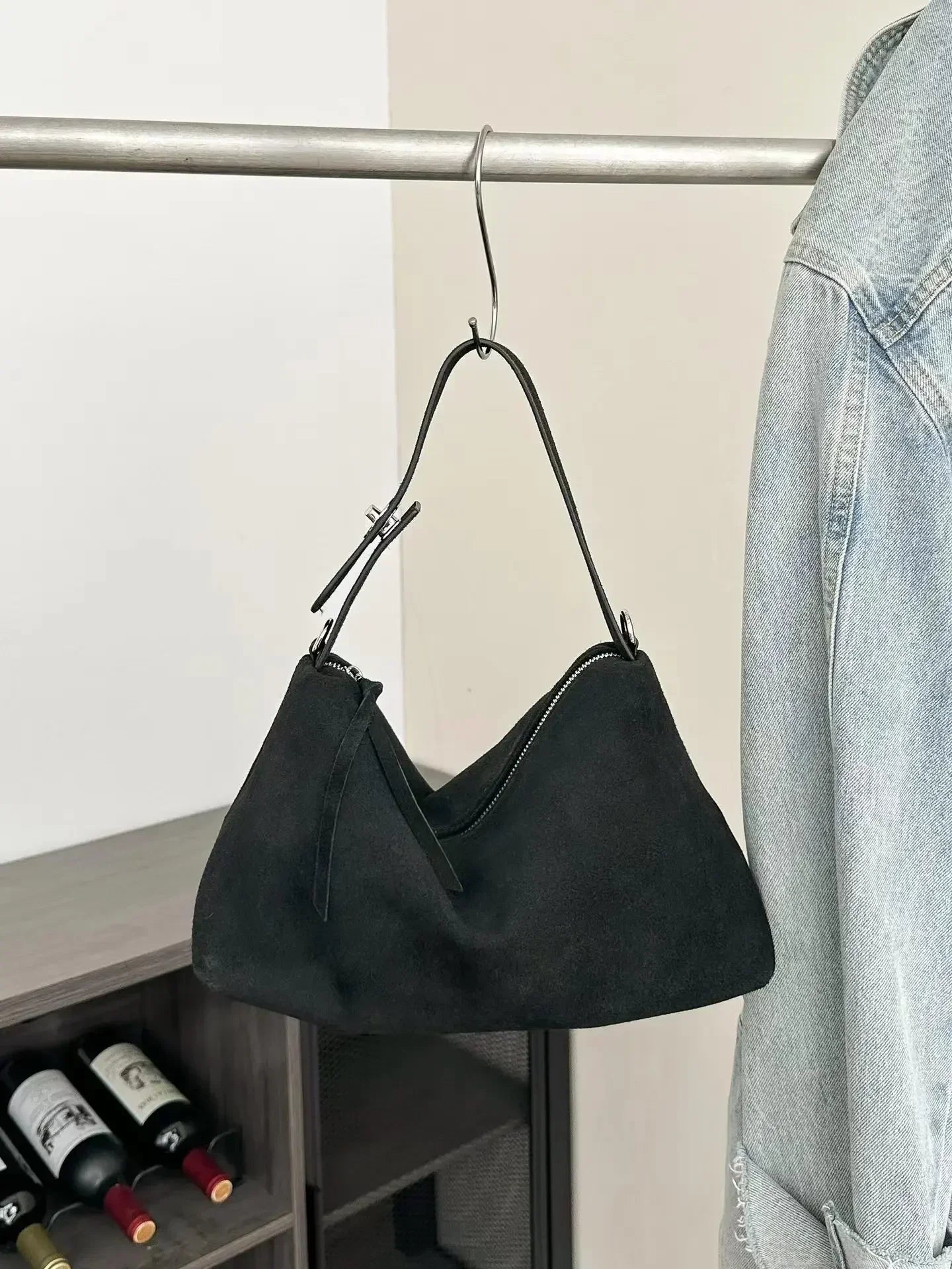 Simple Autumn Winter Grey & Brown Boston Tote — Soft Matte Suede Cow Leather Women's Shoulder Handbag