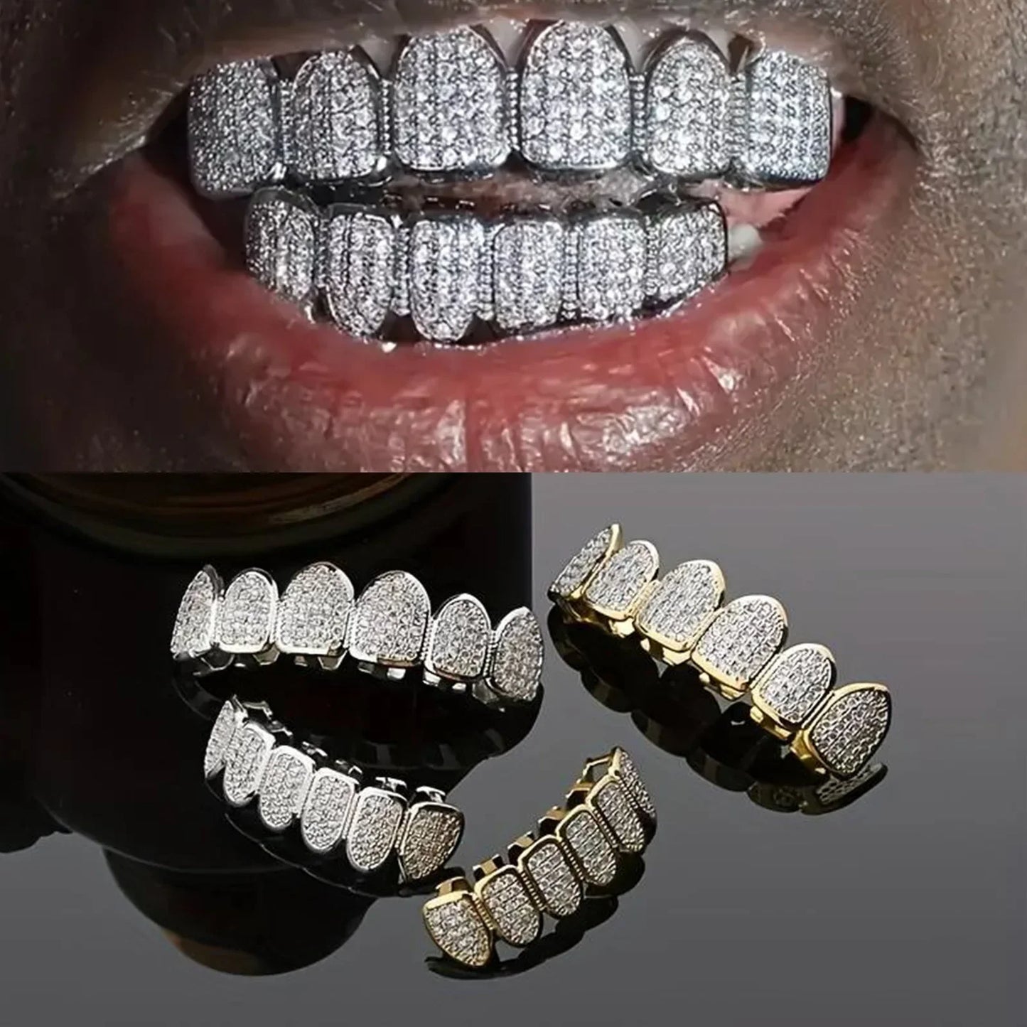HipHop CZ Teeth Set – Unisex Gold & Silver Top/Bottom Mouth Caps, Removable Dental Fashion Jewelry