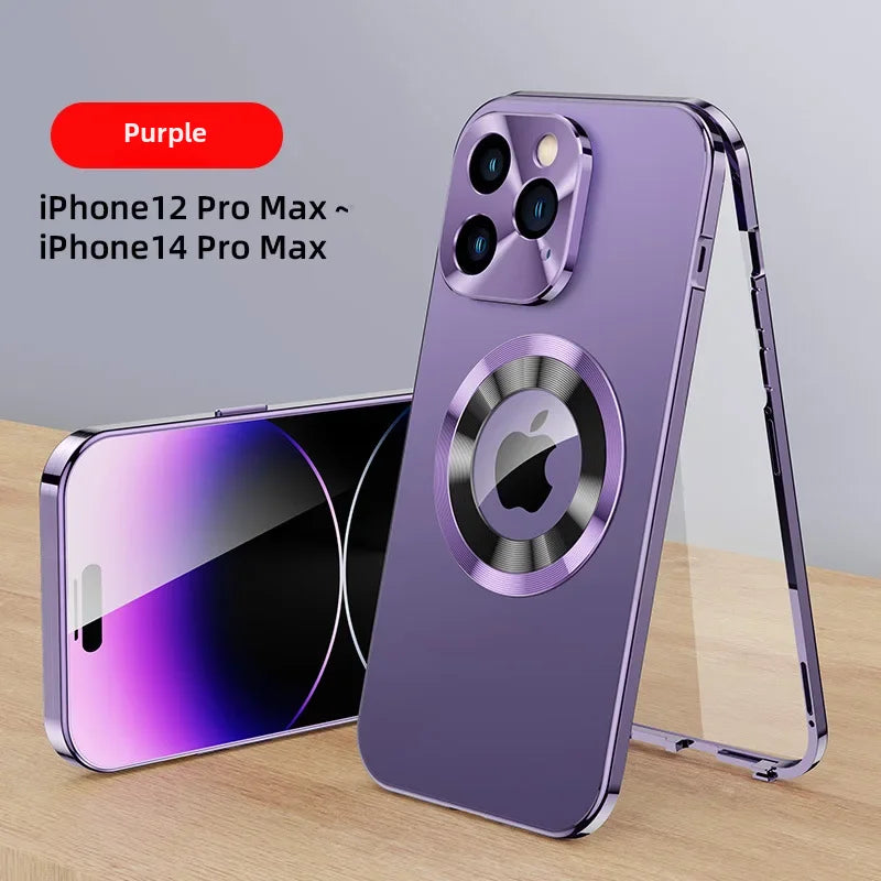 Magnetic Absorption Phone Case for iPhone 16/15/14/13 Pro Max – Aluminum Alloy & Glass Full-Body, Anti-Fall Protection