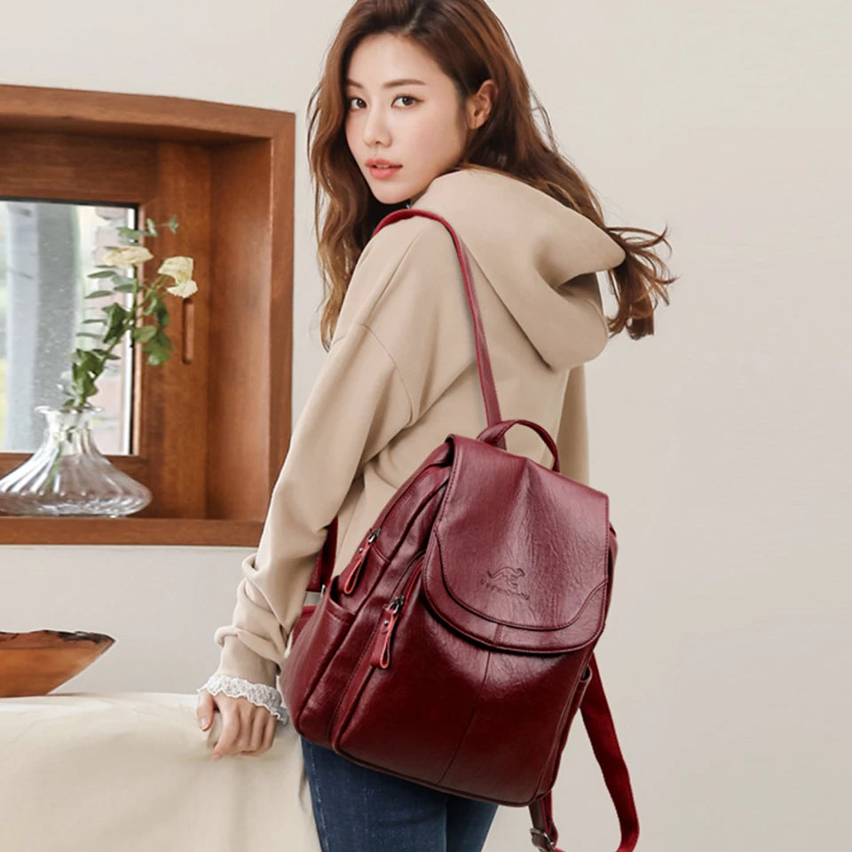 Women’s Large Capacity Leather Bookbag Rucksack - High-Quality Vintage Backpack, School and Travel Purse