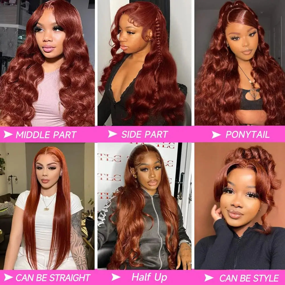 Reddish Brown 13x6 Lace Front Wig – Pre-Plucked 180% Density Body Wave, Auburn Colored Human Hair Lace Frontal Wig