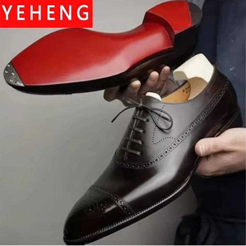 Men’s Red Sole Brogue Dress Shoes - Retro Carved Lace-Up Formal Business Wedding Party Shoes Size 48