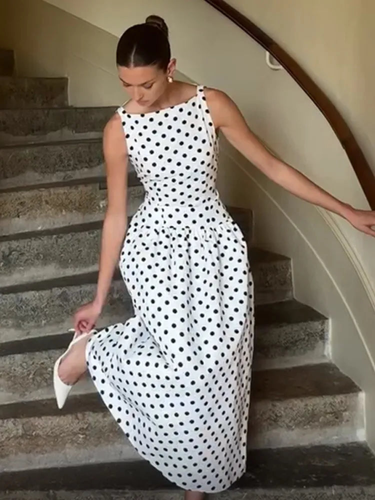 Elegant Women’s Polka Dot Maxi Dress – Chic Sleeveless Round Neck High Waist Slim Fit Vestido for Party & Street, 2025 New