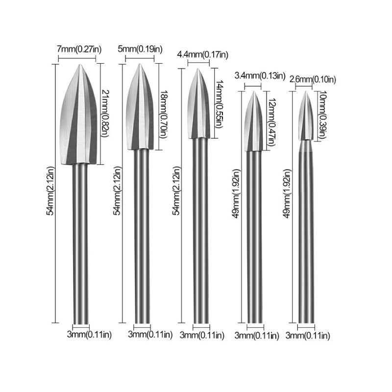5PCS Wood Carving Drill Bits Set – 1/8" Shank Rotary Engraving & Grinding Tools for Woodworking Crafts & Detailing