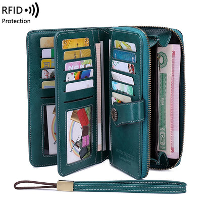RFID Anti-Theft Retro Large Capacity Women's Wallet – Multi-Card Zipper Wallet with Wrist Strap