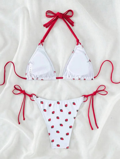 Women’s Strawberry Print Halter Bikini Set – Cute Two-Piece Swimwear, Beach Bathing Suit Summer Beachwear Outfit