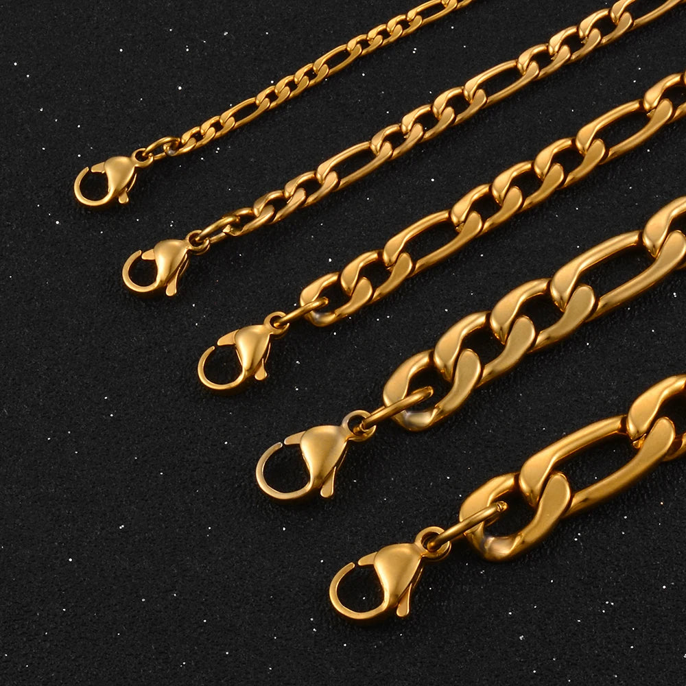 Gold Color Stainless Steel Figaro Chain – 3.0mm-9.5mm for Men & Women, High-Quality Fashion Jewelry