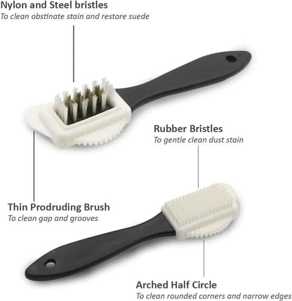 3 Sided Shoe Cleaning Brush for Suede and Nubuck - Stain and Dust Remover with Steel, Plastic and Rubber Bristles