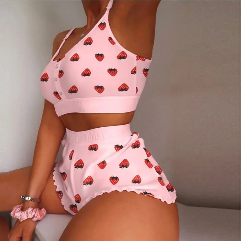 Women’s 2-Piece Pajama Set – Printed Camisole & Shorts Loungewear Sleepwear Nightwear Sexy Homewear Outfit