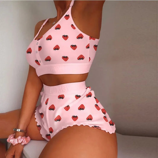 Women’s 2-Piece Pajama Set – Printed Camisole & Shorts Loungewear Sleepwear Nightwear Sexy Homewear Outfit