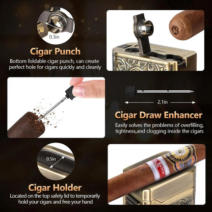 4 Jet Flame Cigar Lighter – Refillable Butane Lighter with V-Cut Cutter, Punch, Holder & Draw Enhancer