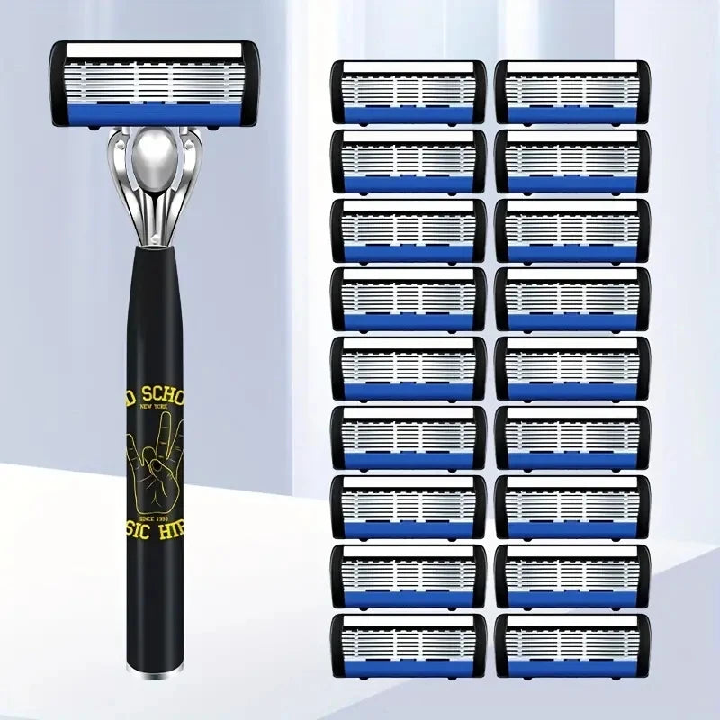 Classic 6-Layer Manual Razor Set – 1 Handle with 12/18 Stainless Steel Replacement Blades for Daily Face Shaving