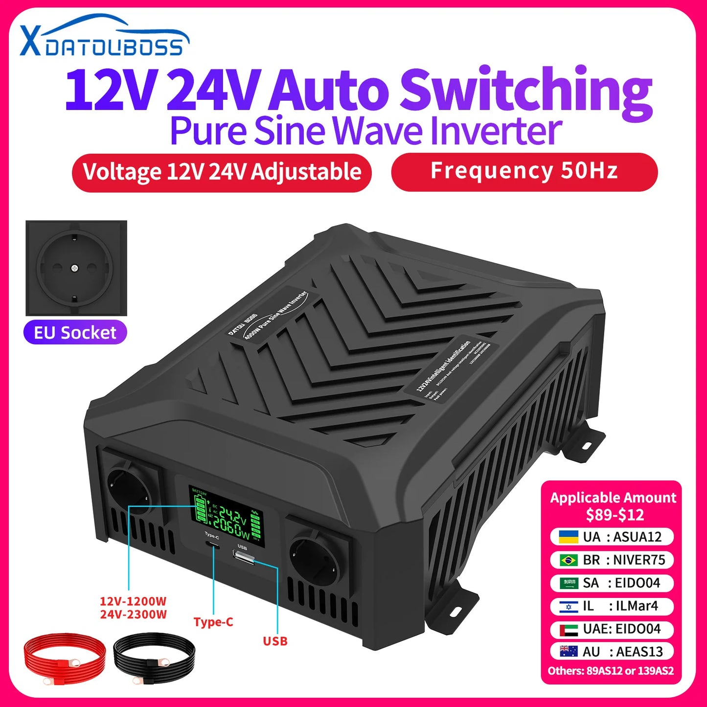 DATOU BOSS Pure Sine Wave Inverter — 12V/24V to 220V, 1200W-2300W, Peak 4000W