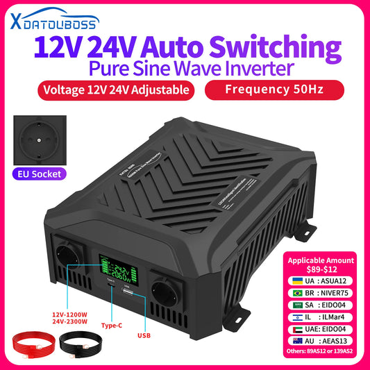 DATOU BOSS Pure Sine Wave Inverter — 12V/24V to 220V, 1200W-2300W, Peak 4000W