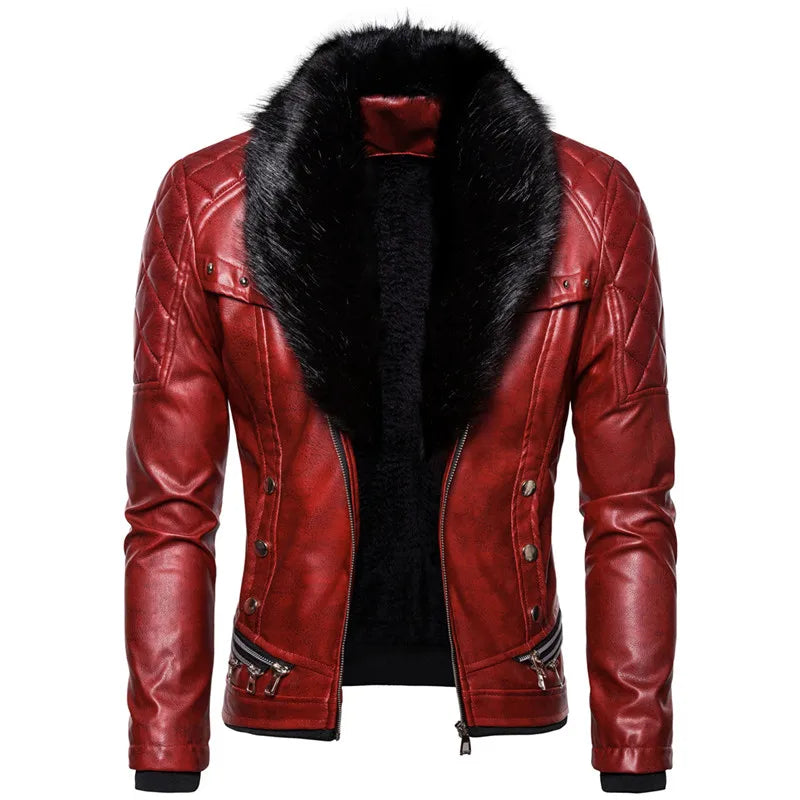 Men's Winter Fleece Motorcycle Jacket - Fur Collar Slim Fit Warm PU Leather Biker Bomber Coat