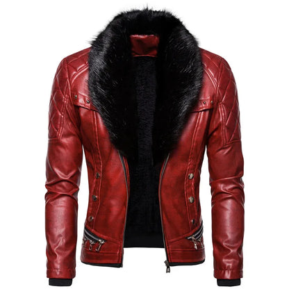 Men's Winter Fleece Motorcycle Jacket - Fur Collar Slim Fit Warm PU Leather Biker Bomber Coat
