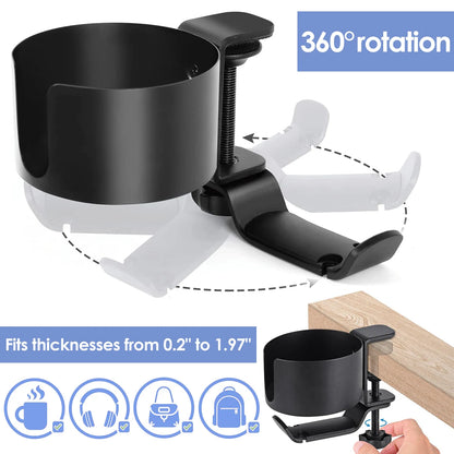 2-in-1 Desk Cup Holder with Headphone Hanger - 360° Rotation, Adjustable Arm Clamp, Headset Hook, and Bottle Holder