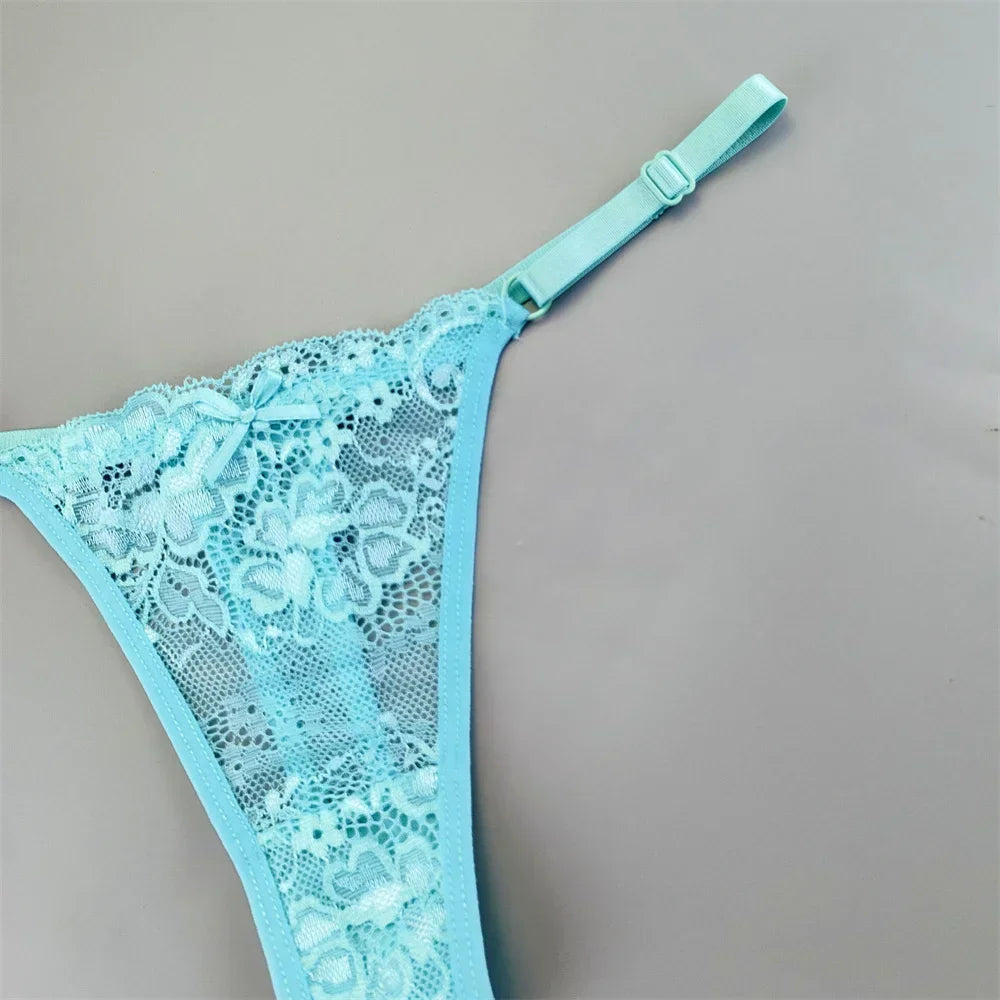 Women's Transparent Lace Thong Set - 3PCS Adjustable Low Waist Sexy T-Back Underwear