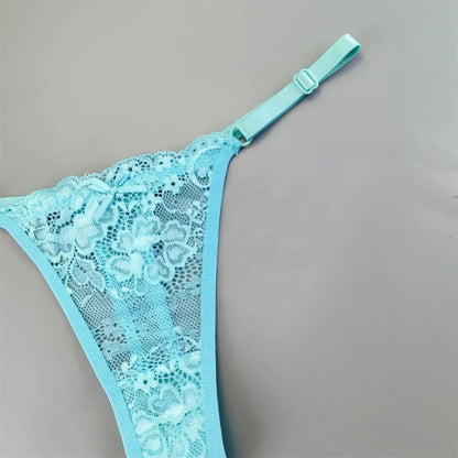 Women's Transparent Lace Thong Set - 3PCS Adjustable Low Waist Sexy T-Back Underwear