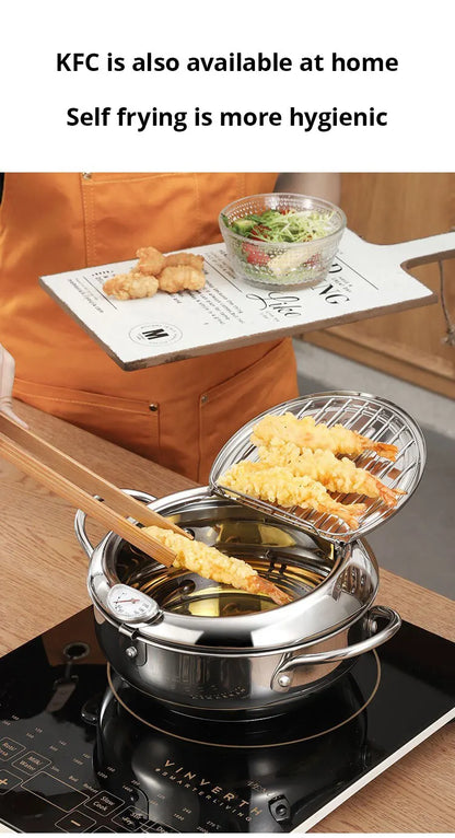 Stainless Steel Oil Thermometer with Cover – Small Frying Pan for Tempura, French Fries & Oil Saving