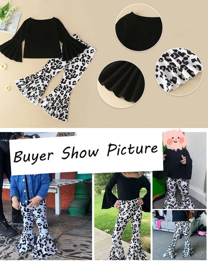 2PCS Baby Girl Clothes Set - Black Pullover Top & Leopard Print Bell-Bottoms, Autumn Outfit for 2-8 Years Old