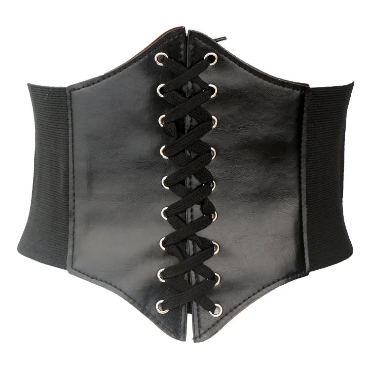 Women’s Punk Black PU Leather Corset Belt – Wide Elastic High-Waist Body Belt for Dress & Slimming