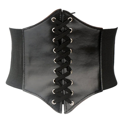 Women’s Punk Black PU Leather Corset Belt – Wide Elastic High-Waist Body Belt for Dress & Slimming